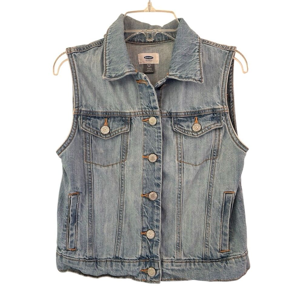 Old Navy Girls XL 14 Light Wash Denim Trucker Vest Jacket Sleeveless 90s Boho - Picture 9 of 12